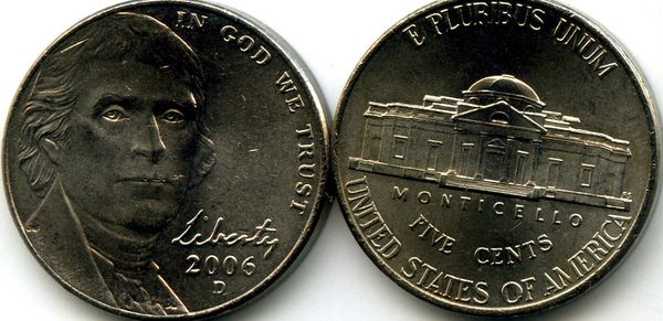 Монета 5 центов 2006г Д США