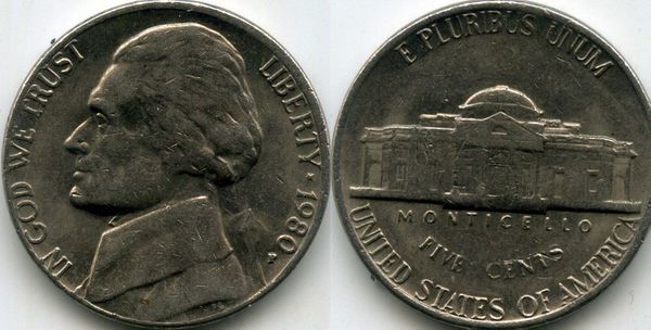 Монета 5 центов 1980г Р США