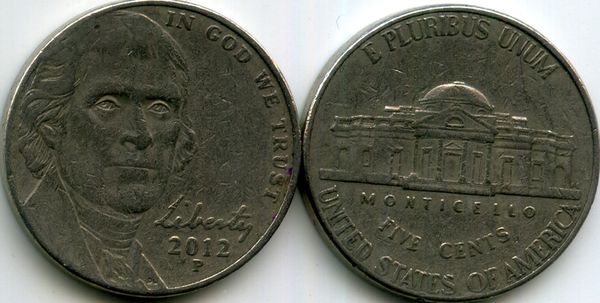 Монета 5 центов 2012г Р США