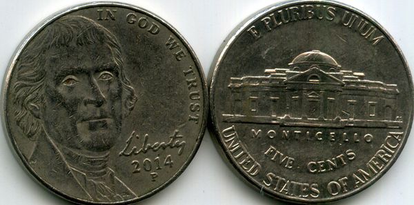 Монета 5 центов 2014г Р США