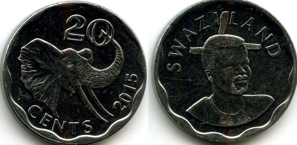 Монета 20 центов 2015г Свазиленд