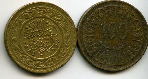 Монета 100 миллим 1983г Тунис