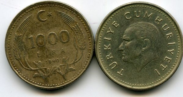 Монета 1000 лир 1990г Турция