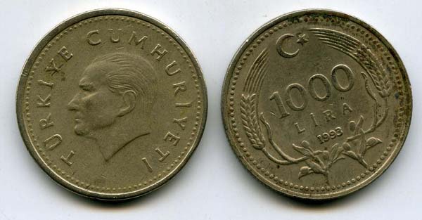 Монета 1000 лир 1993г Турция
