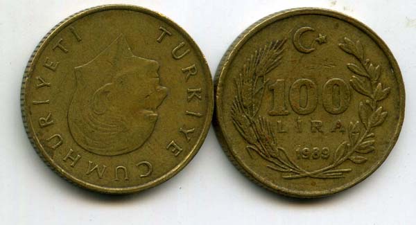 Монета 100 лир 1989г Турция