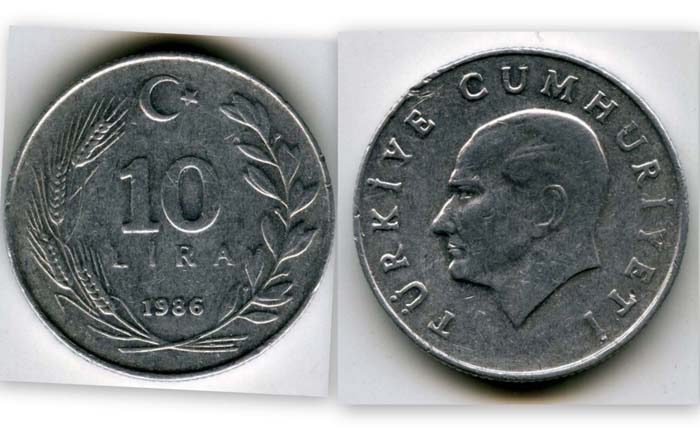 Монета 10 лир 1986г Турция