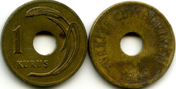 Монета 1 куруш 1949г Турция