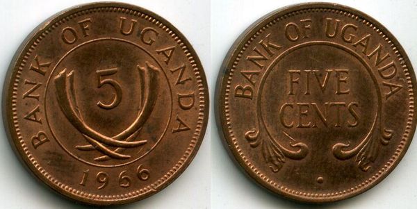 Монета 5 центов 1966г Уганда