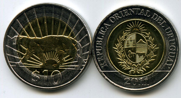 Монета 10 песо 2011г Уругвая