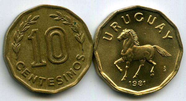 Монета 10 сентесимос 1981г Уругвая