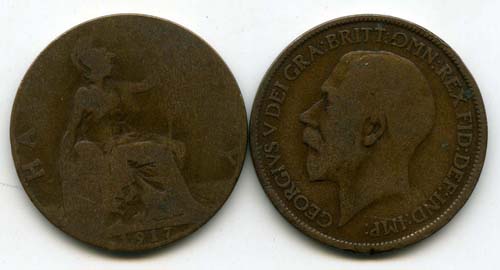 Монета 1/2 пенни 1917г Великобритания
