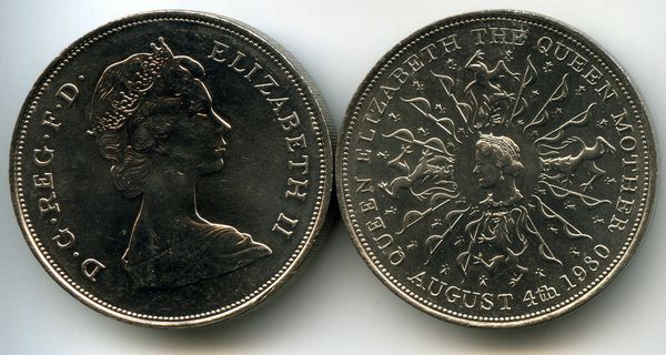 Монета 1 крона (25 пенсов) 1980г королева-мать Англия