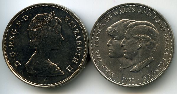 Монета 1 крона (25 пенсов) 1981г свадьба Англия
