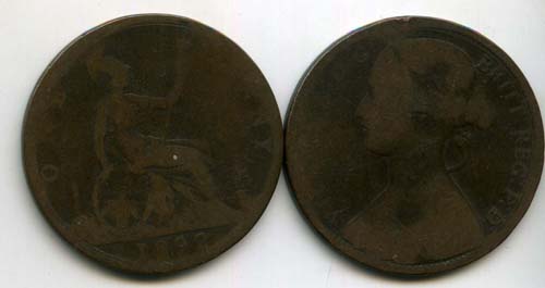 Монета 1 пенни 1892г Великобритания