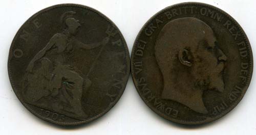 Монета 1 пенни 1905г Великобритания