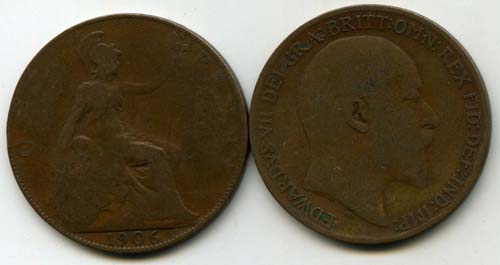 Монета 1 пенни 1906г Великобритания