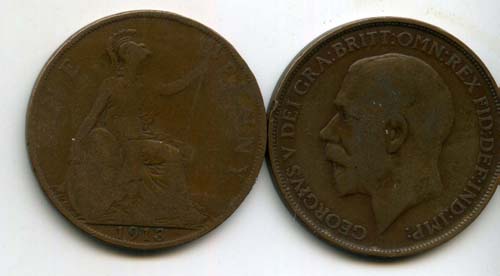 Монета 1 пенни 1913г Великобритания