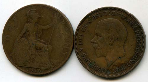 Монета 1 пенни 1916г Великобритания