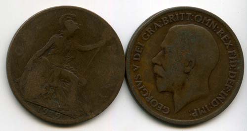 Монета 1 пенни 1919г Великобритания