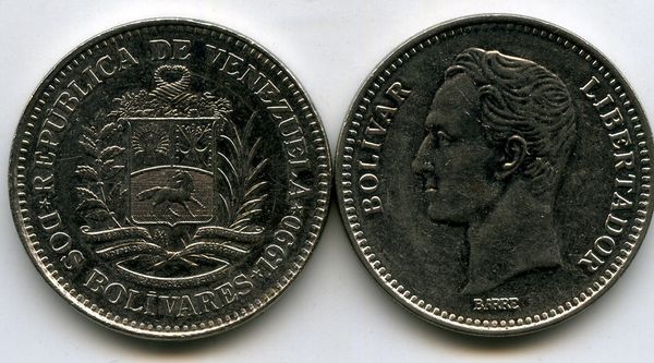 Монета 2 боливара 1990г Венесуэла
