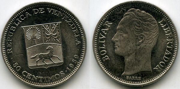 Монета 50 сентимос 1989г Венесуэла