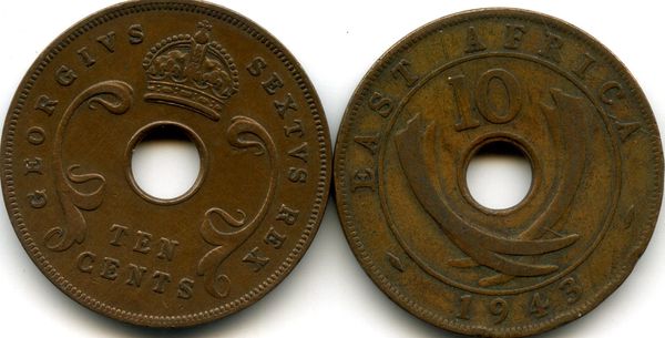 Монета 10 центов 1943г Британская Восточная Африка