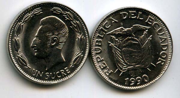 Монета 1 сукре 1990г Эквадор