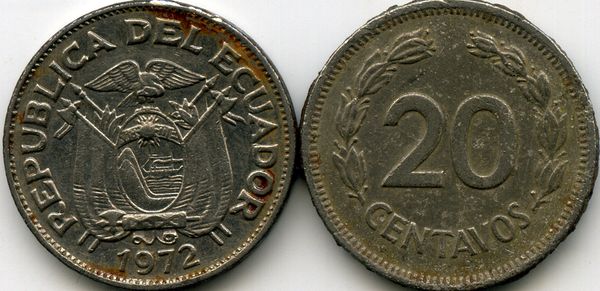 Монета 20 сентавос 1972г Эквадор