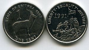 Монета 1 цент 1997г Эритрея