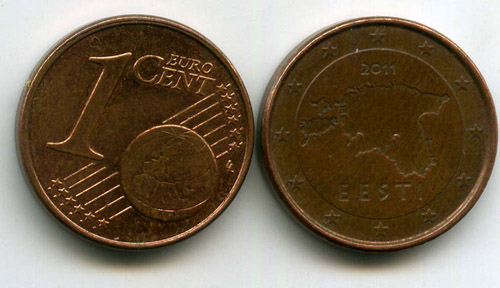 Монета 1 евроцент 2011г из обращения Эстония