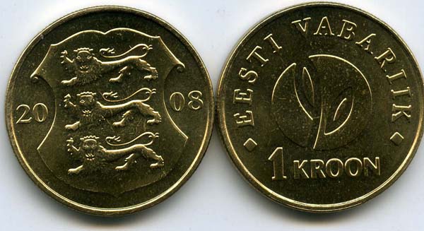 Монета 1 крона 2008г 90 лет Эстония