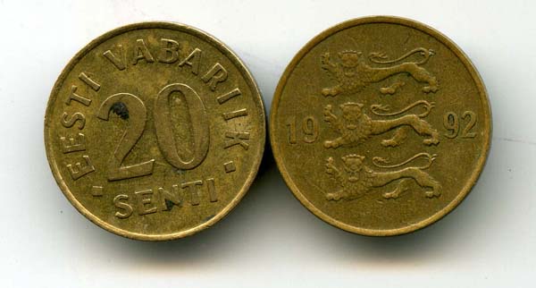 Монета 20 сенти 1992г Эстония