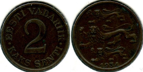 Монета 2 сенти 1934г Эстония