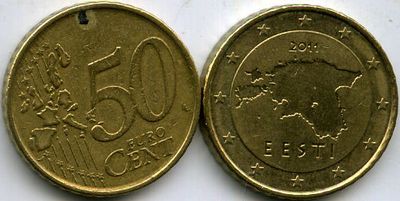 Монета 50 евроцентов 2011г из обращения Эстония