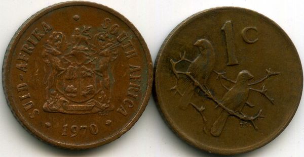 Монета 1 цент 1970г Южная Африка