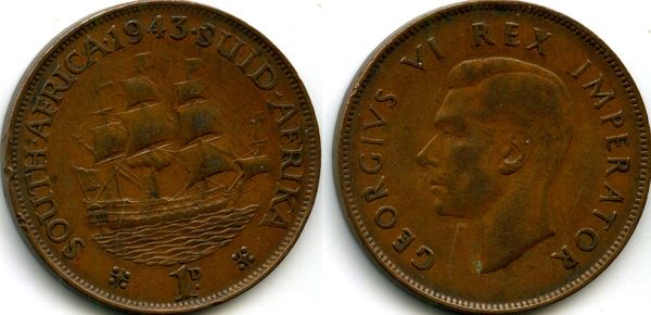 Монета 1 пенни 1943г Южная Африка