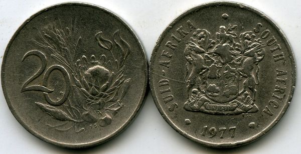 Монета 20 центов 1977г Южная Африка