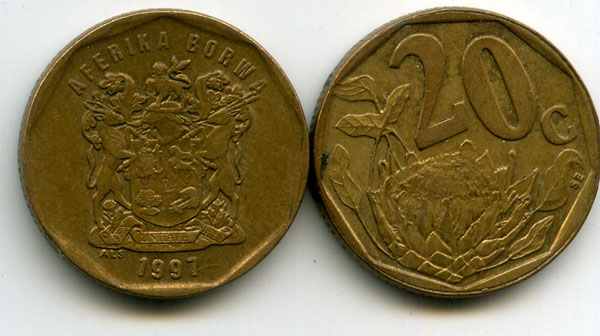 Монета 20 центов 1997г Южная Африка