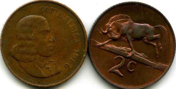 Монета 2 цента 1966г Южная Африка