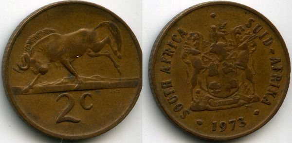 Монета 2 цента 1973г Южная Африка