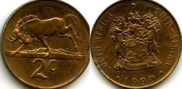 Монета 2 цента 1990г ст.тип Южная Африка