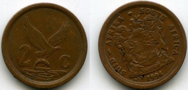Монета 2 цента 1994г Южная Африка
