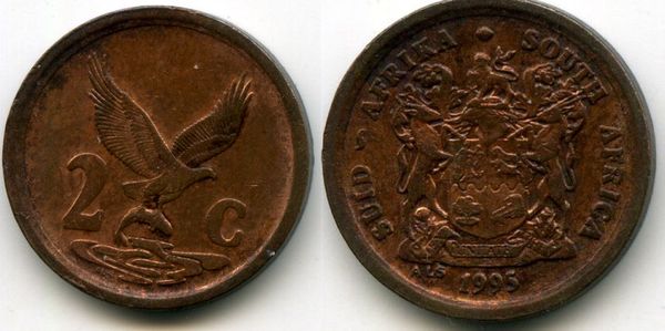 Монета 2 цента 1995г Южная Африка