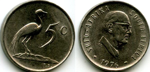 Монета 5 центов 1976г Южная Африка