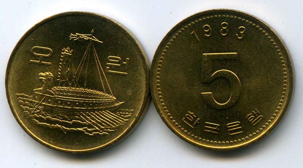 Монета 5 вон 1983г Корея Южная