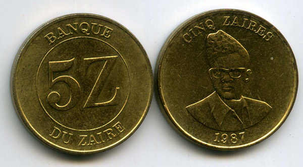 Монета 5 заир 1987г ДР Конго