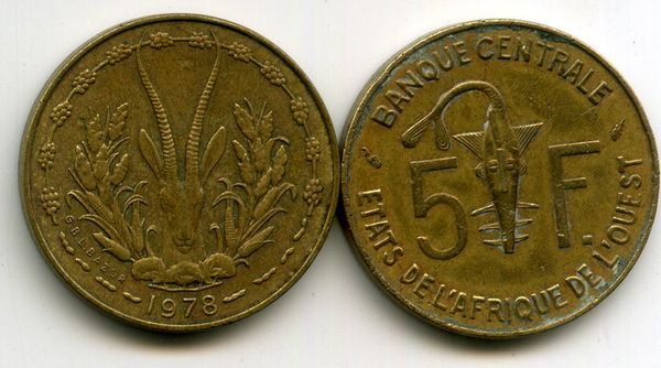 Монета 5 франков 1978г Западная Африка
