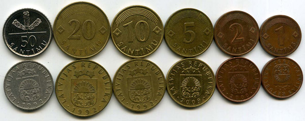 Набор монет неполный 1,2,5,10,20,50 сентим Латвия