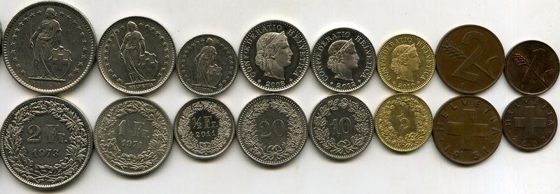 Набор монет 1 раппен-2 франка 1970-12гг Швейцария