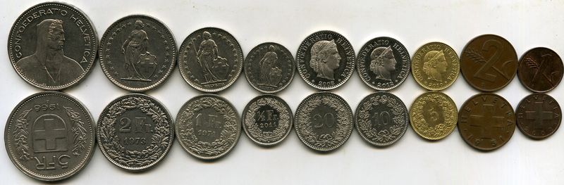 Набор монет 1 раппен-5 франков 1970-12гг Швейцария